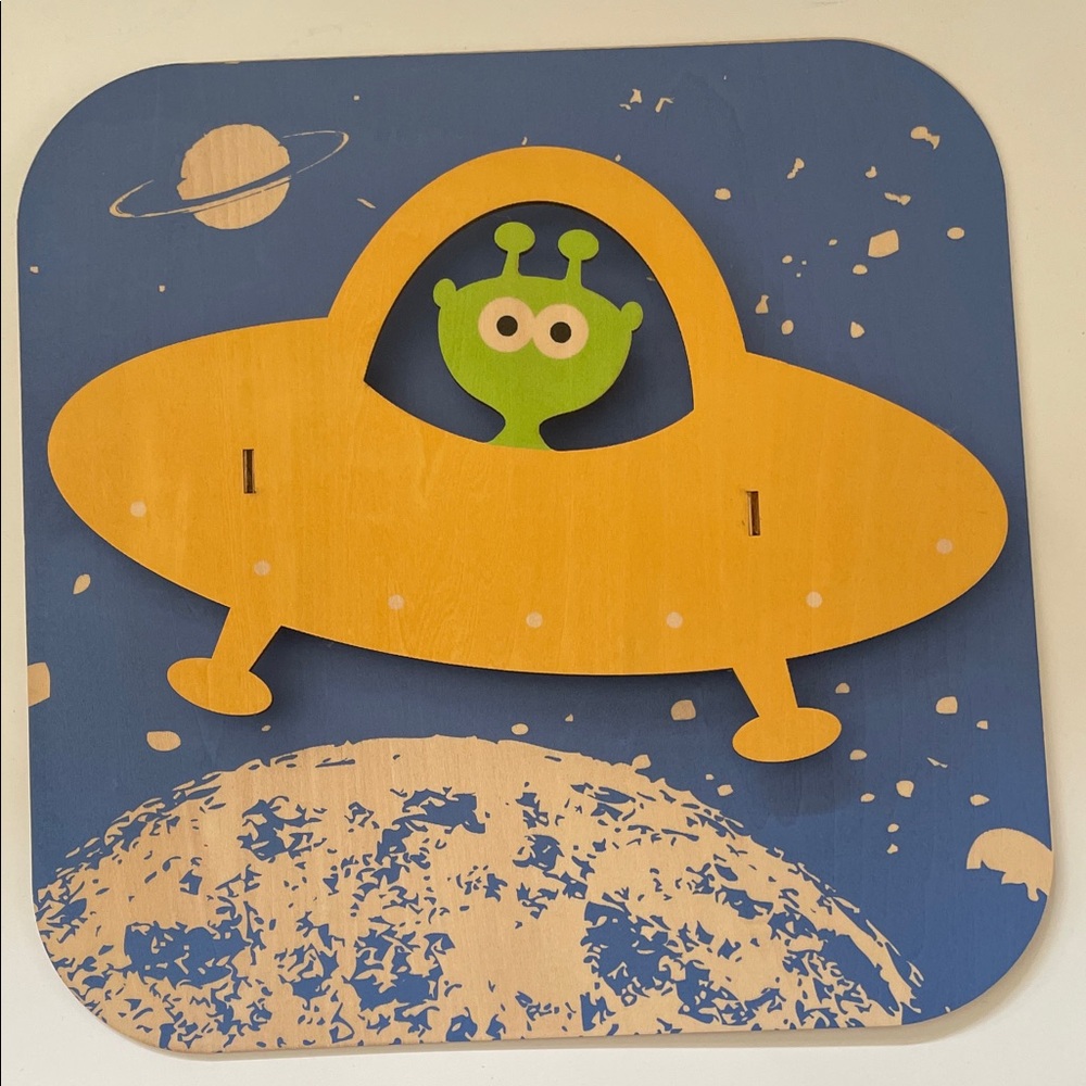 Alien Spaceship Wooden Puzzle - Blue and Yellow